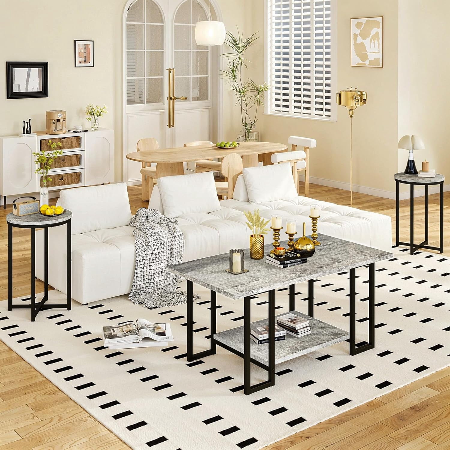 Cvortll 3-Piece Living Room Table Set, Coffee Table with 2 Round End Tables, Faux Marble Top & Metal Frame, for Apartment & Home, Gray