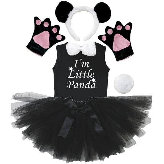 Petitebelle Panda Headband Bowtie Tail Gloves Tutu Shirt 6pc Costume (Black, 5-6 Years)