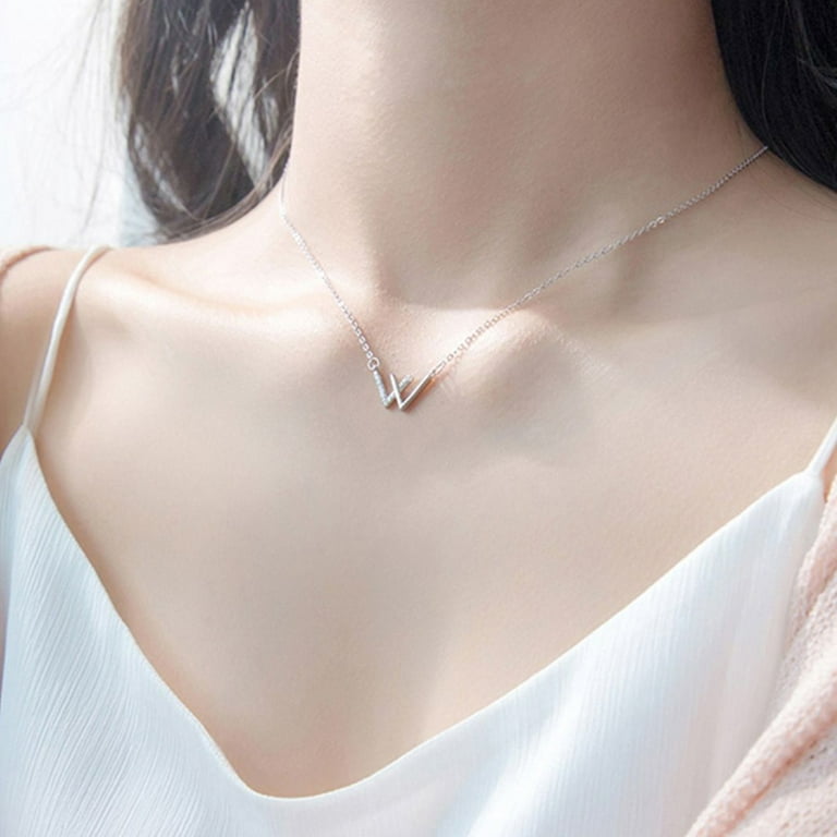 XINHUADSH Women Necklace Shiny Rhinestone Decorative All-match Adjustable  Jewelry Gift Personality Lady Double V Letter Pendant Necklace Clavicle
