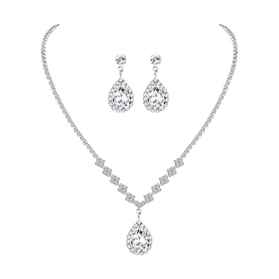 Joernso 1 Set Women Jewelry Set Rhinestone Necklace Earrings Prom Wedding Party Bride Water Drop Dangle Earrings Formal Occasions Neck Jewelry
