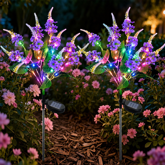 Rirool Solar Salvia Flower Lights Outdoor 2 Pack, Purple LED Garden Lights with 2 Lighting Modes, IP65 Waterproof Solar Garden Stake Lights Auto On/Off for Yard Patio Pathway Decoration