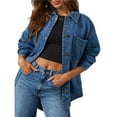 thumbnail image 2 of Chaqueta Vaquera de Mujer Oversize Estilo Boyfriend con Botones, Larga y Abertura Lateral. Chaqueta Vaquera Zimbaplatinum. Azul Real S, 2 of 9