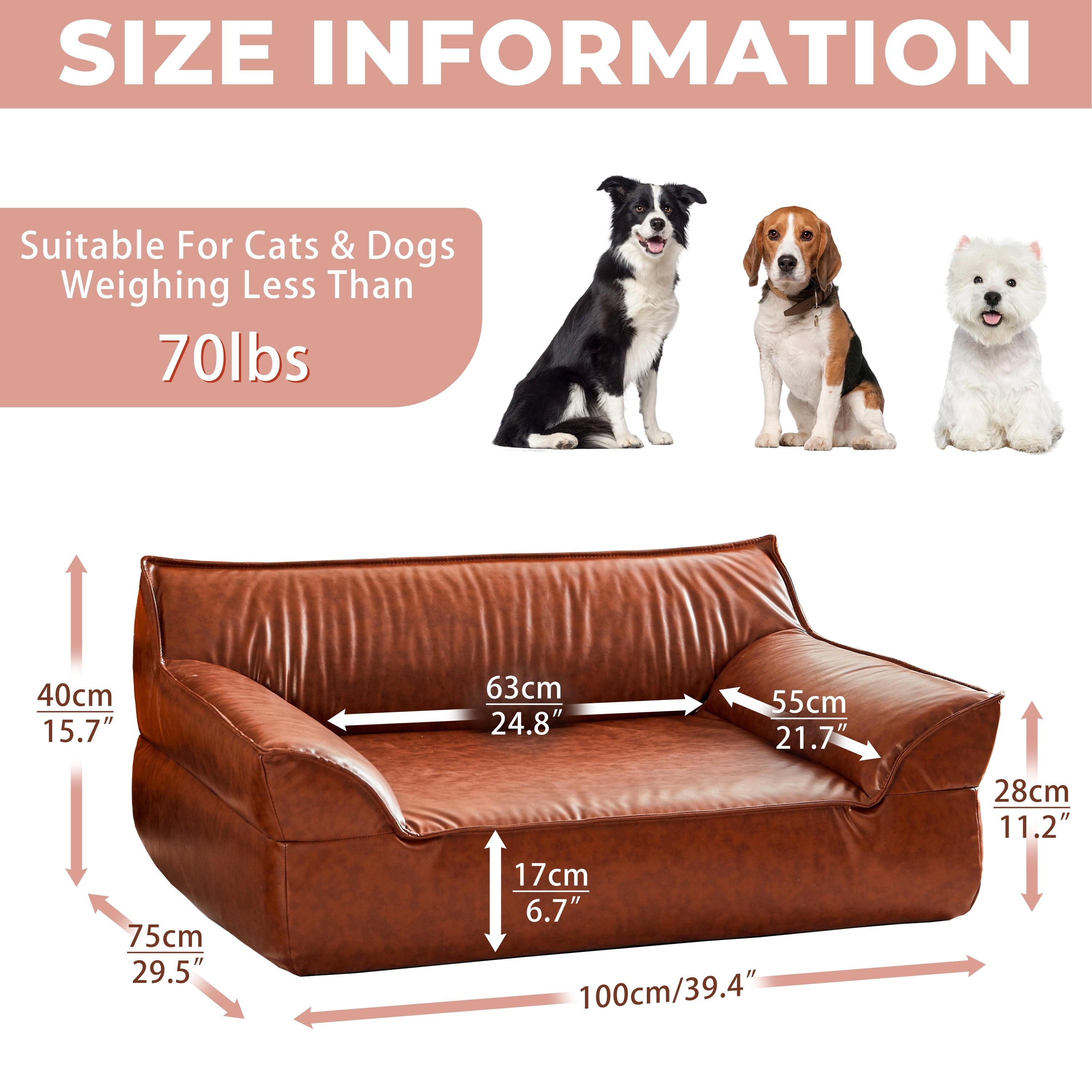 Leather Dog Bed Couch for Large Dogs up to 70lbs, Orthopedic Elevated Pet Sofa Bed with Removable & Washable Cover, Furniture Style Luxurious Dog Sofa, Brown