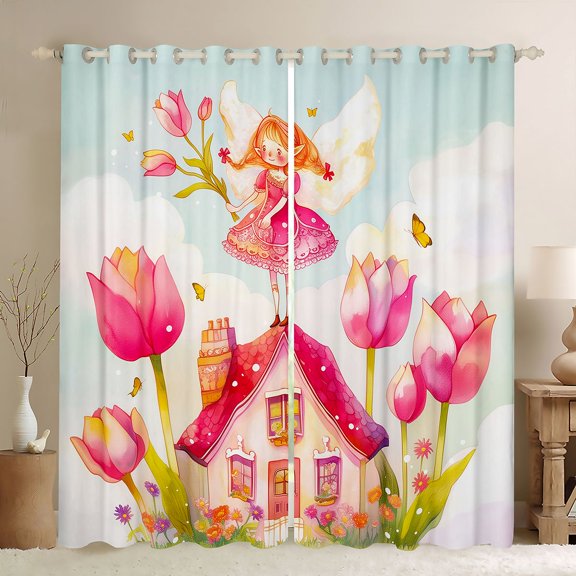 Castle Fairy Cartoon Fairy Black Out Curtains,Castle Curtains Pack of 2 (42x63 Each)
