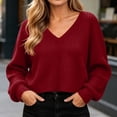 thumbnail image 2 of Cropped Sweater Zaewscy Women V Neck Waffle Knit Cropped Pullover Sweater Casual Long Sleeve Loose Fit Fall Winter Top Red M, 2 of 9