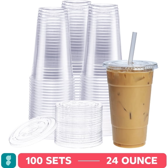GUSTO 24 oz Clear Plastic Cups with Flat Lids, Disposable Drinking Cups for Iced Coffee, Milkshakes, & Smoothies, 100 Count