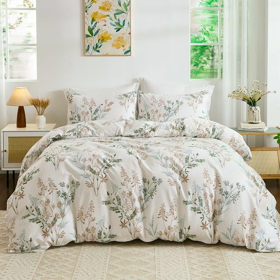 100% Cotton Duvet Cover Ultra Soft Green Floral Comforter Cover with Luxurious Tan & Green Leaves on White, Reversible Lightweight Floral Duvet Cover Sets