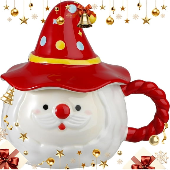 Santa Claus Ceramic Mug with Lid Christmas Coffee Mug Santa Tea Cup Cute Xmas Drinking Cup Holiday Gift for Women Men