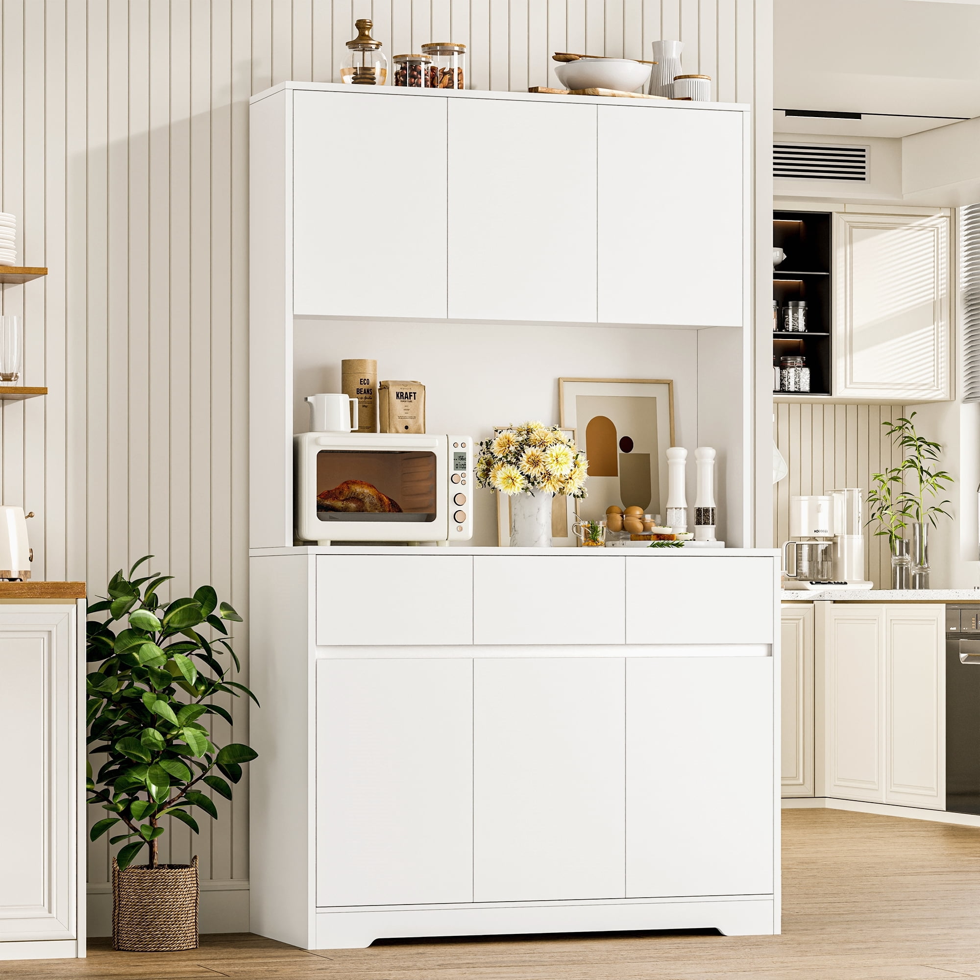 Homfa 70.9'' Tall Kitchen Pantry Cabinet with Charge Station & Led Light, 3 Drawer Storage Cabinet with Adjustable Shelves, White
