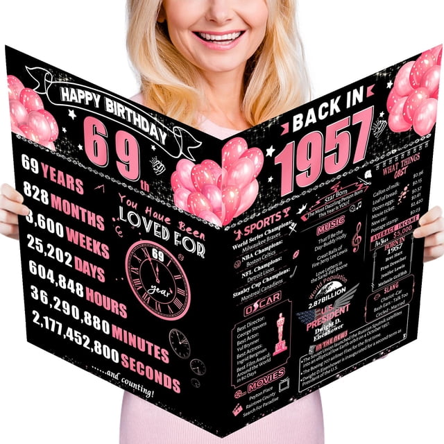 Tarjeta de cumpleaños Jumbo FOBELEC número 69 con sobre negro y rosa retro