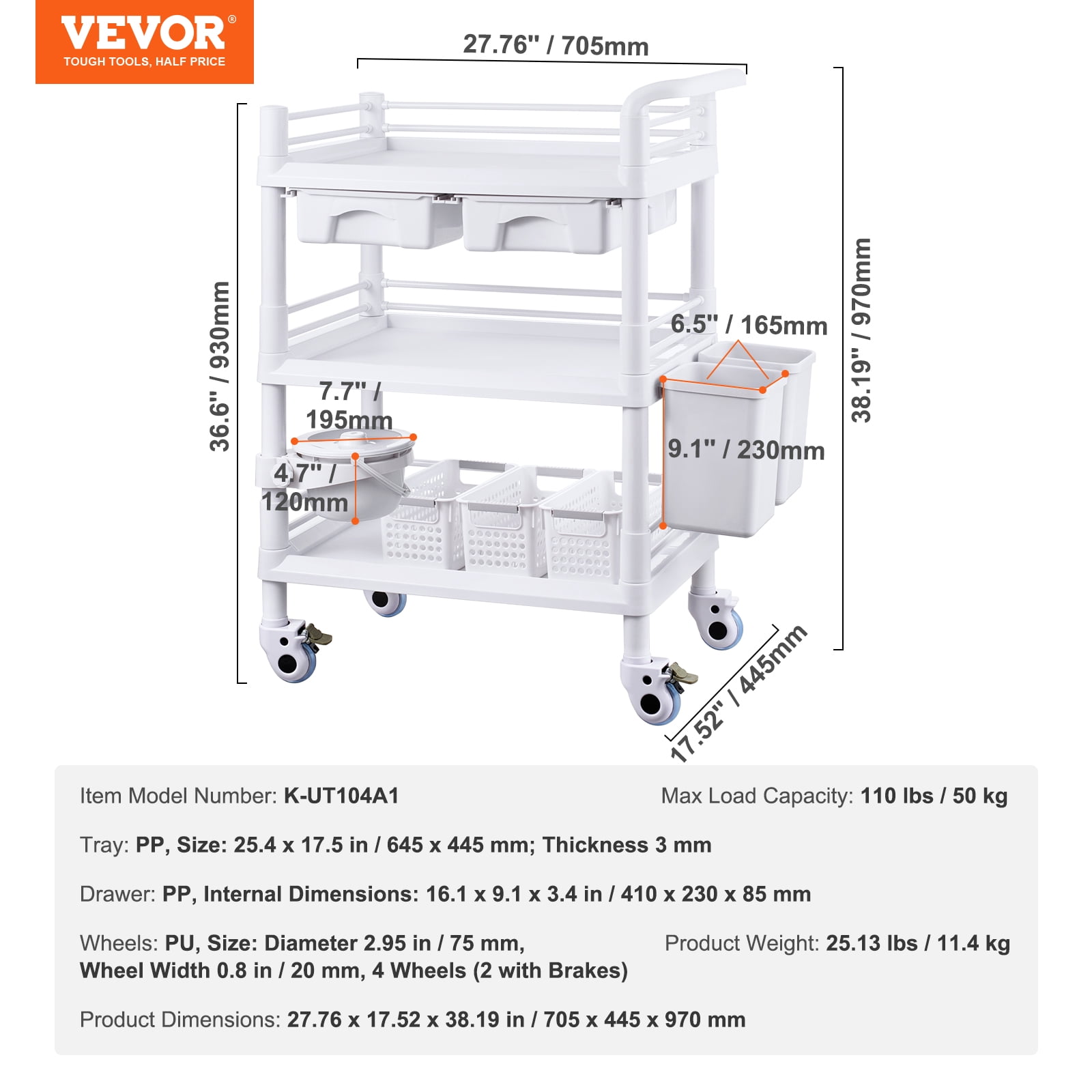 VEVOR 3 Tiers Lab Carts, Lab Utility Cart with 3 Trays & 4 Silent Wheels, Mobile Medical Cart with PP Material, Lab Rolling Cart with 3 Trash Cans for Lab, Clinic, Hospital, Salon, White