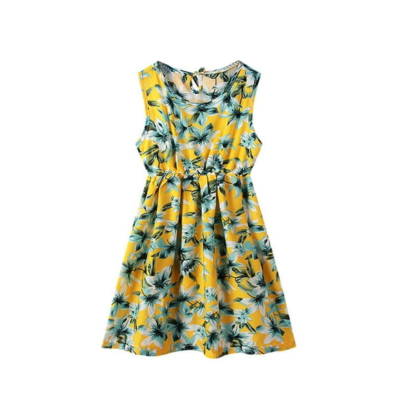Otqutp Children Cute Dress Girls Kids Crew Neck Summer Sleeveless Sundress Casual Beach Floral Prints Party Dress for 3 to 12 Years