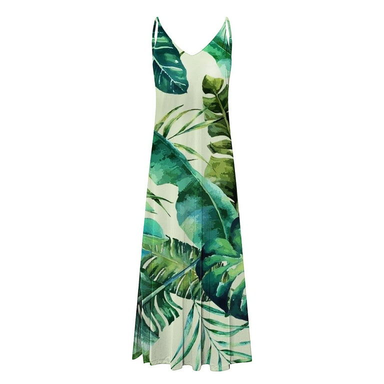 Lastesso Summer Beach Dresses for Women Tropical Print Sleeveless Long Maxi  Dress Casual Strappy V Neck Hawaiian Luau Dress