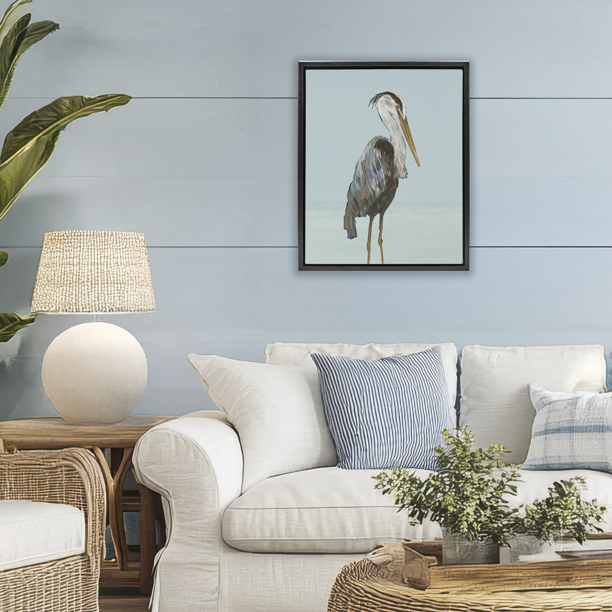 Stupell Industries Coastal Pelican Muted Blue Black Framed Floater Canvas Wall Art, design by Julie DeRice