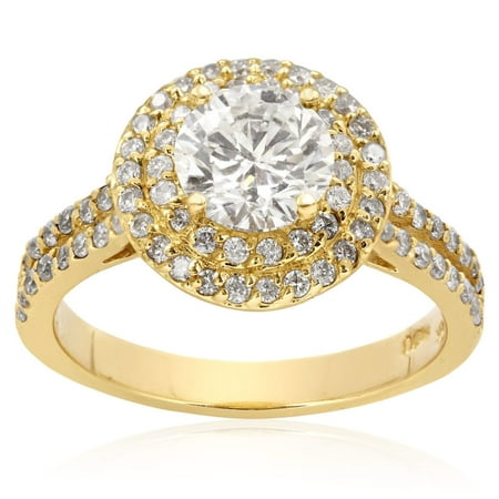 14k Yellow Gold 2ct. Halo Engagement Ring with 1ct. Round Brilliant Clarity Enhanced Center Diamond - White