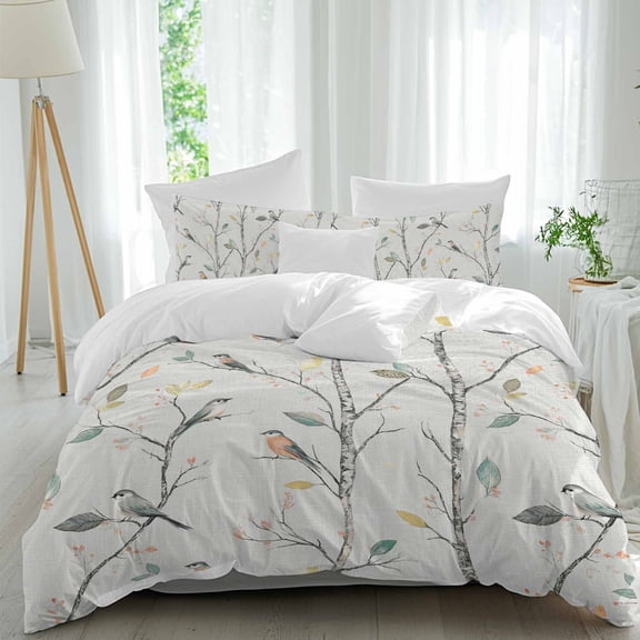 3 Piece Vintage Botanical Duvet Cover Set Full Size, Microfiber Comforter/Quilt Cover with Corner Ties and 2 Pillowcases, Birds Branch Watercolor Leaf All Season Soft Bedding with Zipper Closure