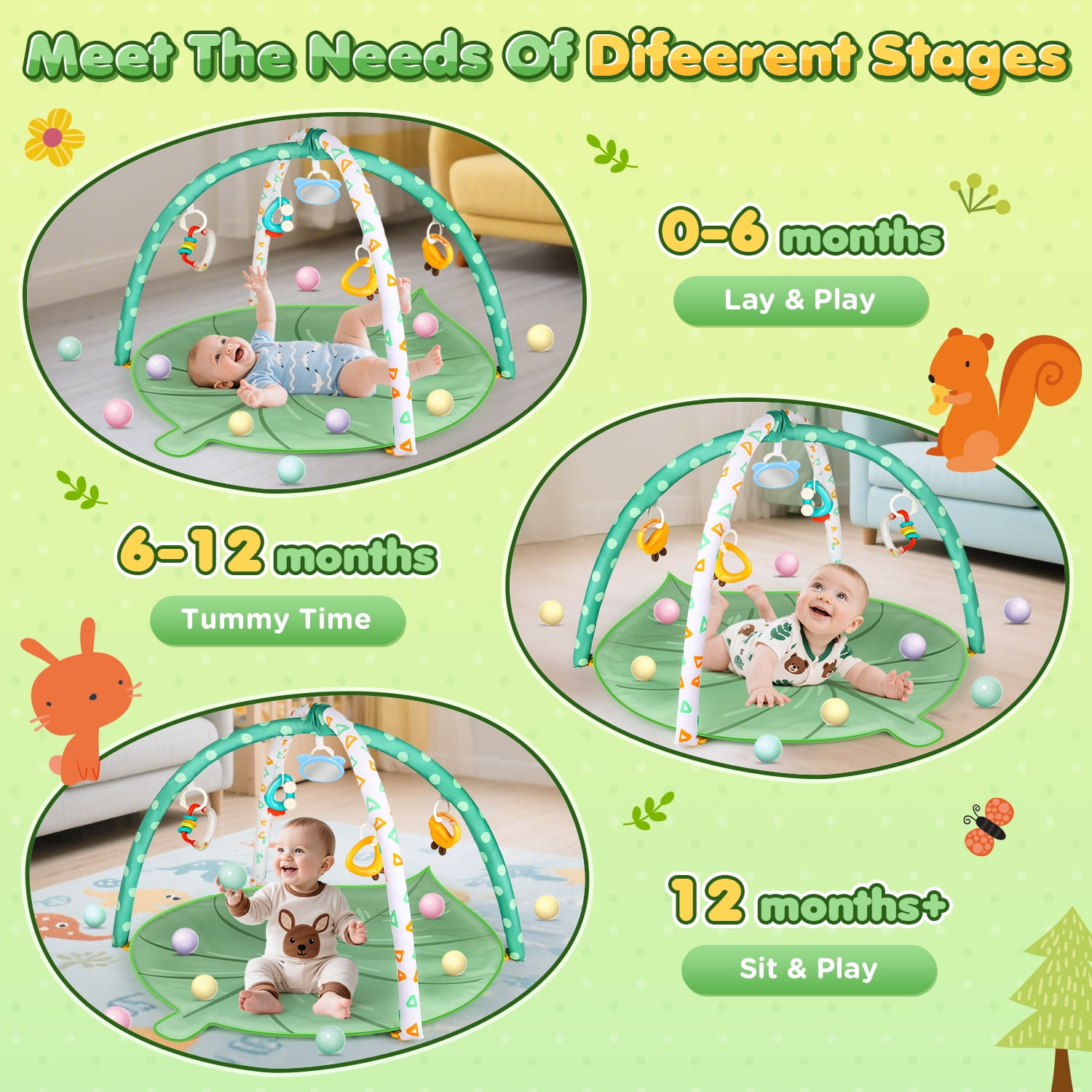UUSUOO Baby Play Mat for 0-12 Months, Baby Gym Play Mat, Baby Activity Mat with 5 Infant Learning Sensory Toys & 20 Balls,Toddler Toys Birthday Gifts for Newborns 0-3-6-9-12 Months