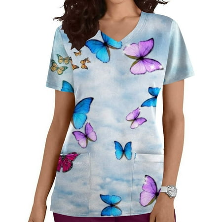 

wo-fusoul Summer Savings Clearance! Plus Size Tops for Women Scrubs Tops Short Sleeve Working Uniform V Neck Nurse Shirts Butterfly Printed Blounce w/Pockets