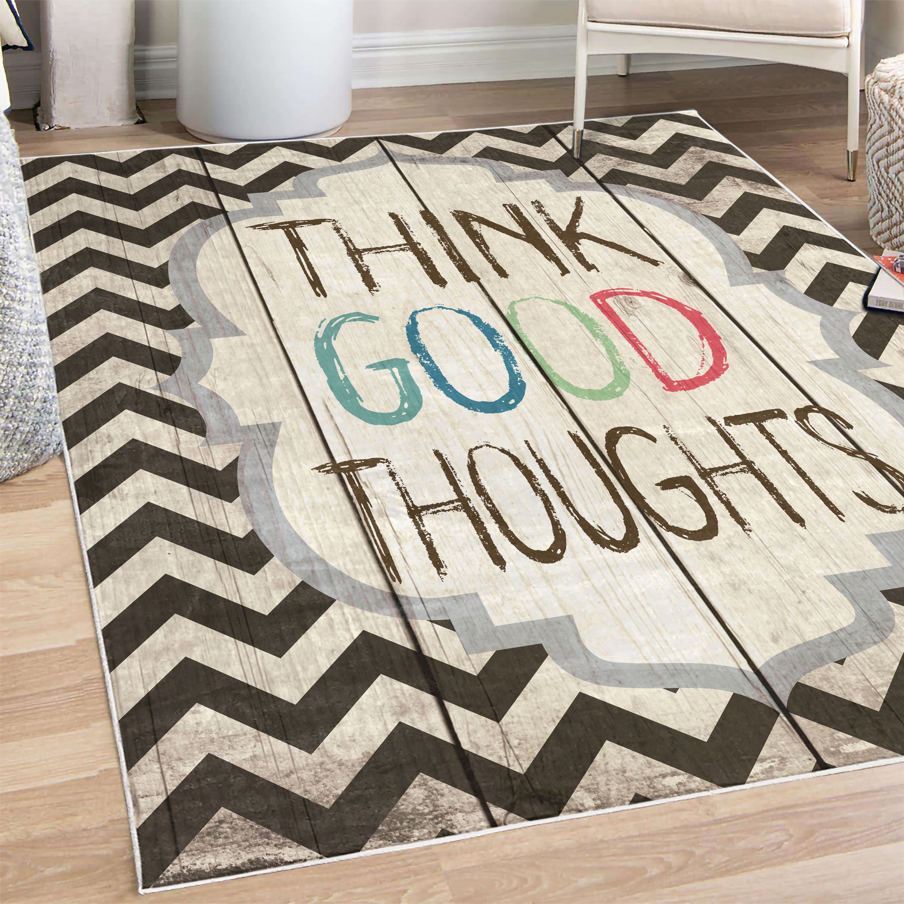 Greetings Rug Saying Decorative Rug, Think Thoughts Message with Rainbow Colored ...