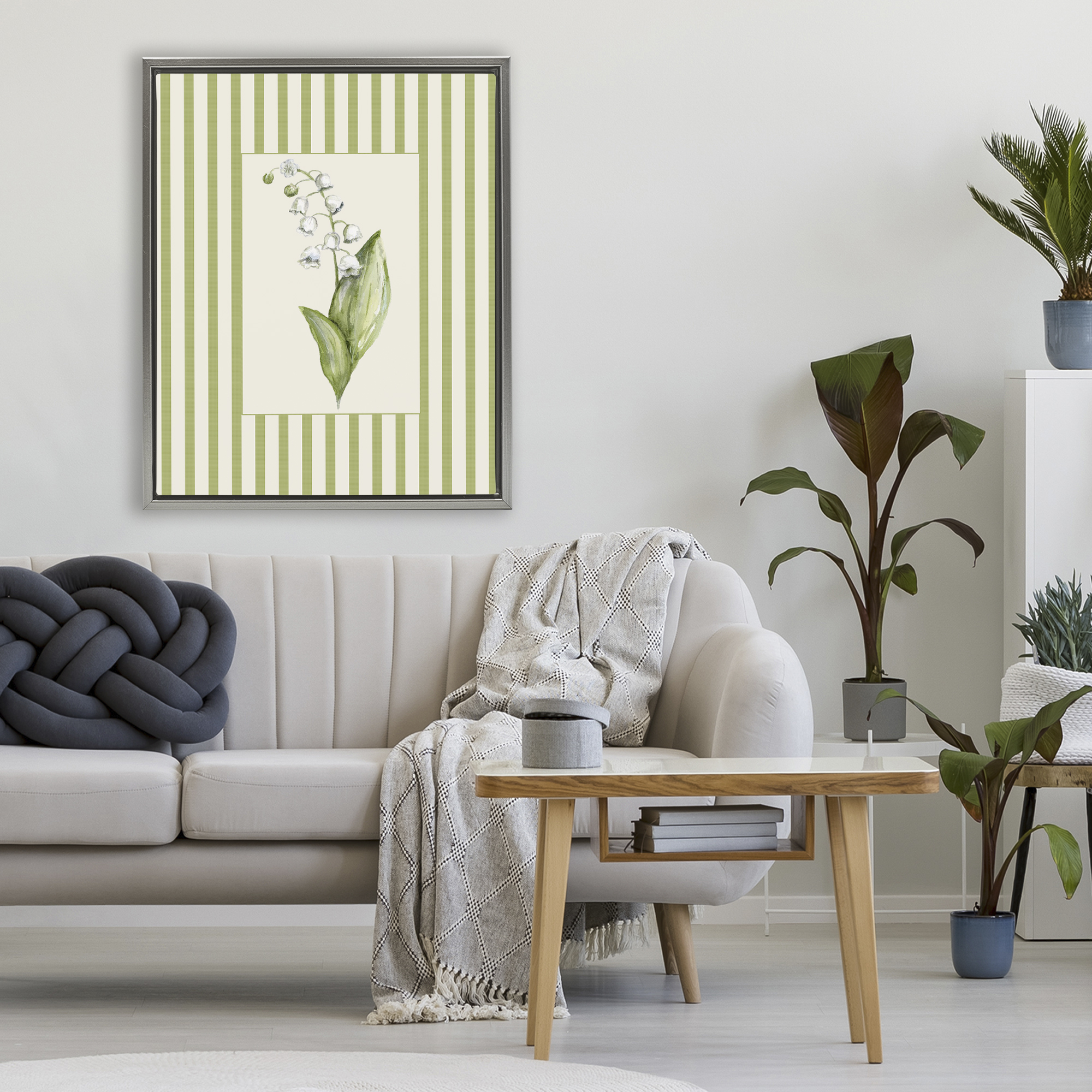 Striped Lily Of The Valley Gray Framed Floater Canvas Wall Art, design by Lisa Wehmeyer