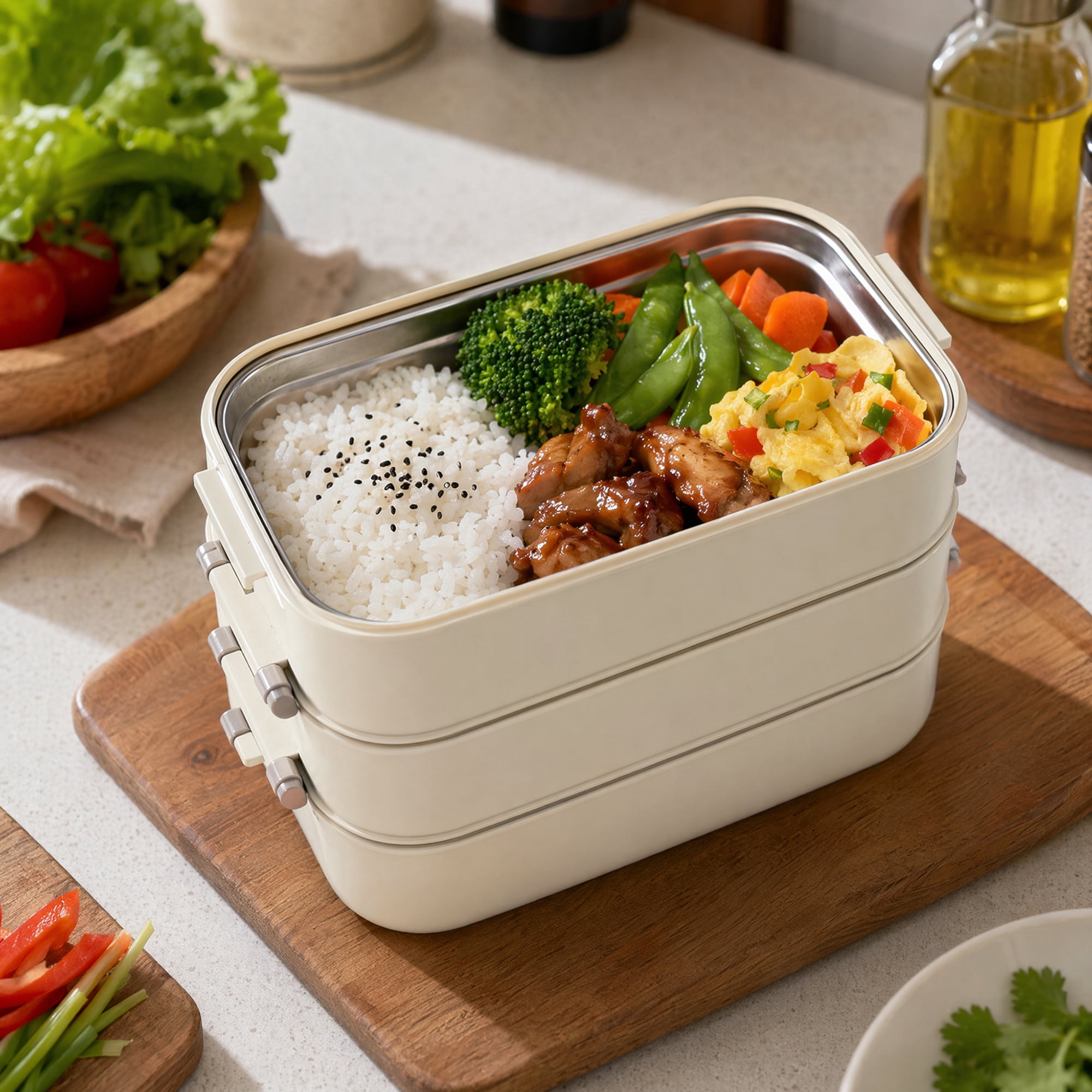 Unique Bargains 316 Stainless Steel Leak-Proof Meal Prep Bento Box Beige-3 Layer