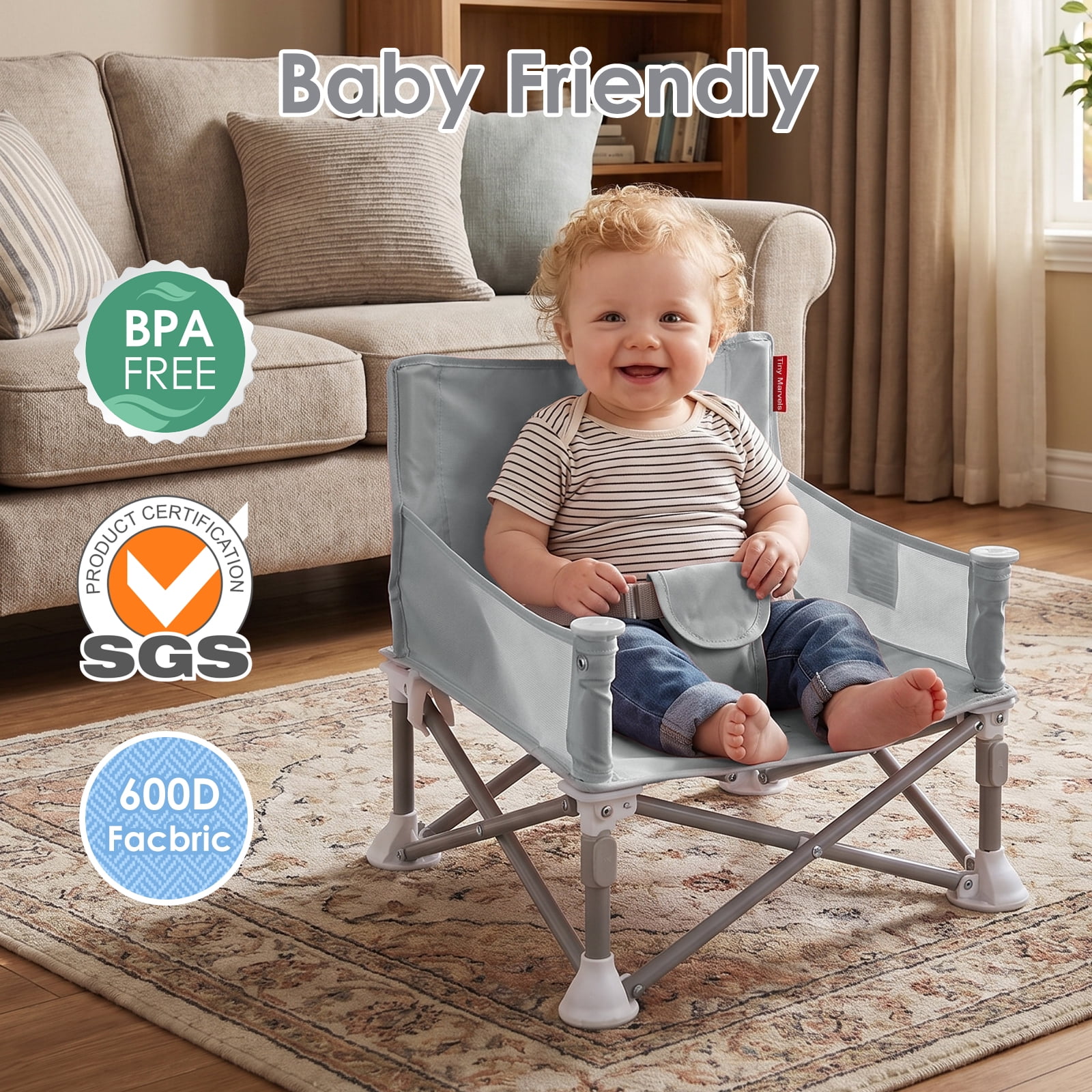 Tiny Marvels Portable Booster Seat, 3-in-1 Portable Baby High Chair with Tray, Safety Harness & Carry Bag, for Toddlers Ages 6M-3Y, Baby Chair for Travel, Camping & Home