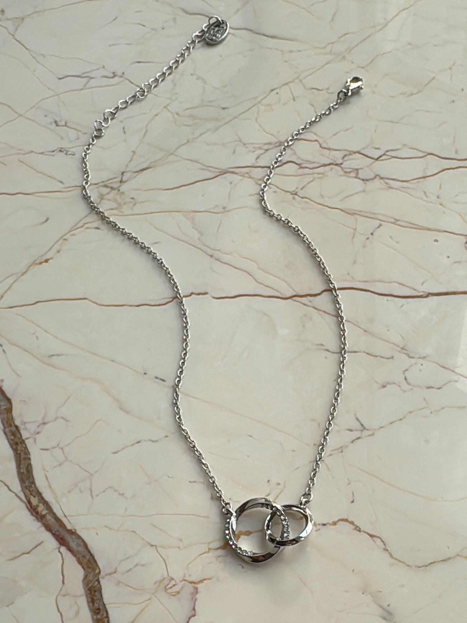 Time and Tru Interlocking Circles with Stones Earrings and Necklace 2 Piece Set Rhodium Silver for Female Adults and Teens