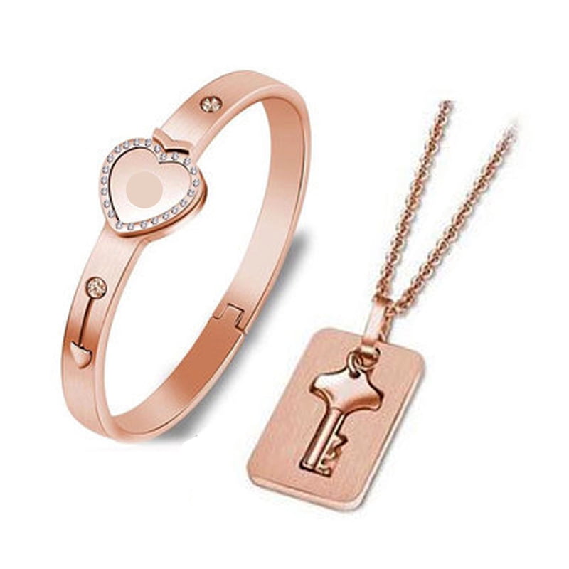 Couple Titanium Steel Heart Lock Bracelet Bangle Key Pendant Necklace Set Gift 