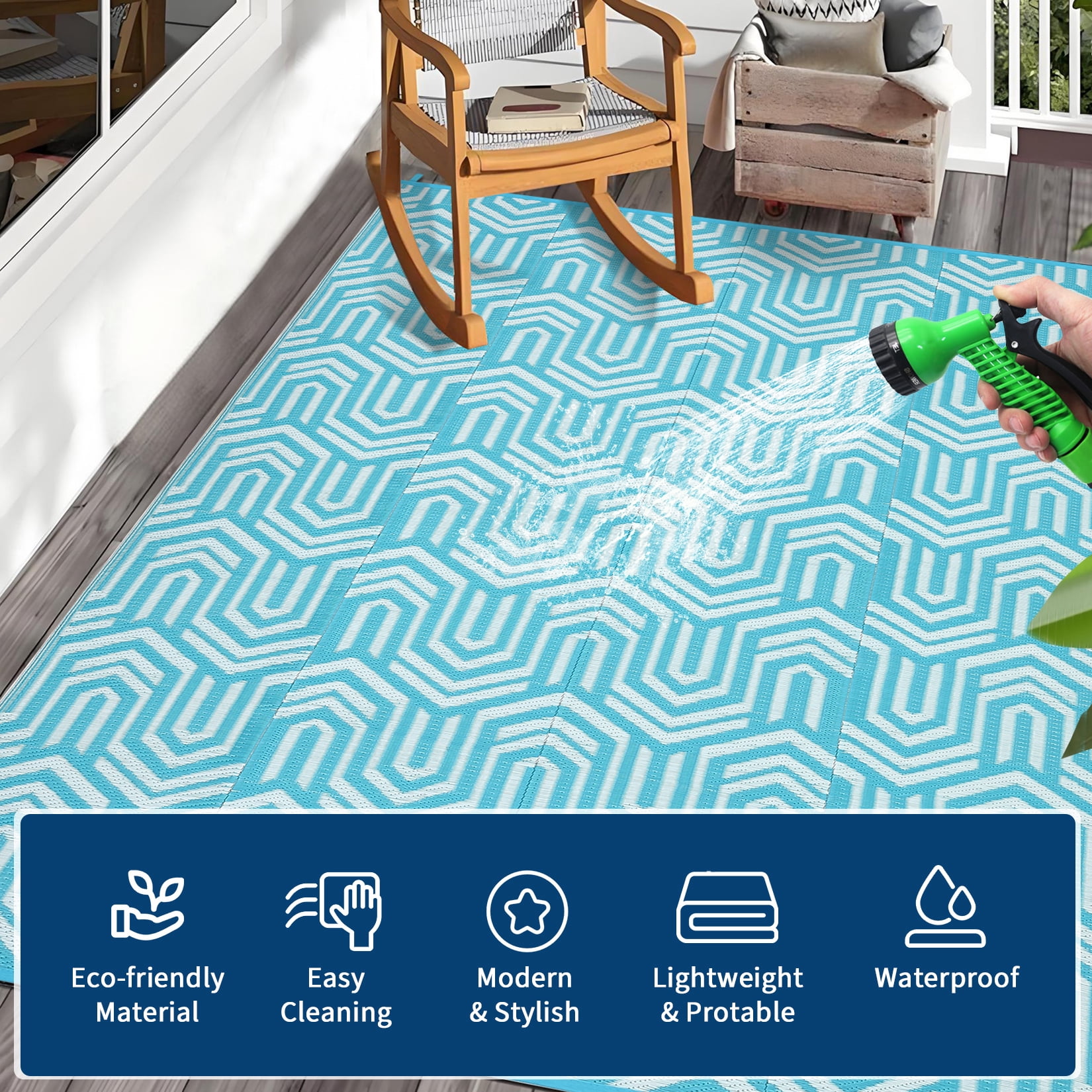 Garvee Waterproof Outdoor Rug 9x12ft Reversible Patio Rug, Plastic Straw Rug RV Camping Rug for Deck Balcony Porch Picnic Backyard, Light Blue