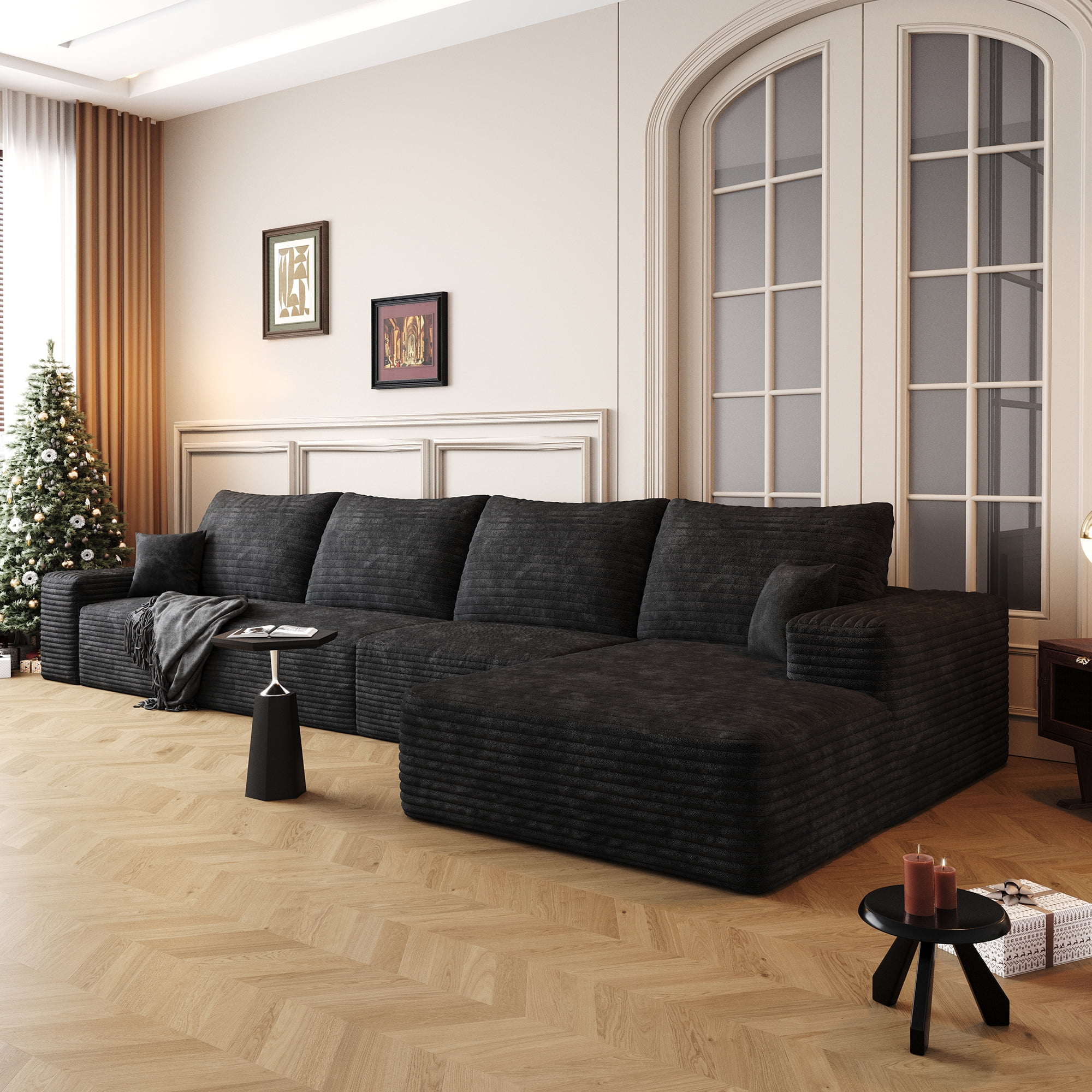 MAYEERTY 135" Cloud Sectional Couch with L-Shape Chaise, Modern Modular Deep Seat Sofa, No Assembly Plush Corduroy Fabric, Black (3 packages)