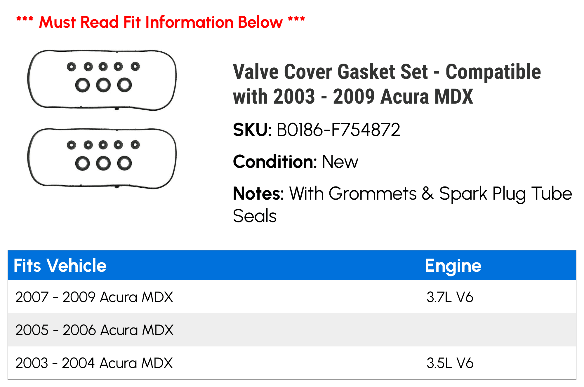 Valve Cover Gasket Set - Compatible with 2003 - 2009 Acura MDX 2004 2005 2006 2007 2008