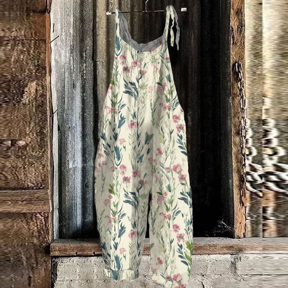 Women Leaf Print Bib Overalls Loose Fit Bohemian Wide Leg Jumpsuit With Pockets Red XL