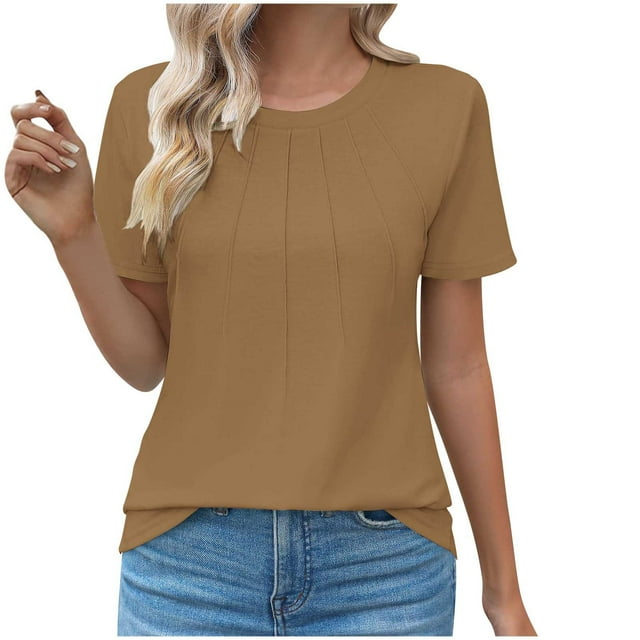 Liquidation Staron Hauts pour Femmes Été Blouses Plissées Unies Col Rond Manches Courtes T-Shirt Chic Décontracté Confortable Tunique d'Été Hauts Chemises Cadeaux d'Anniversaire pour Femmes Brun TG