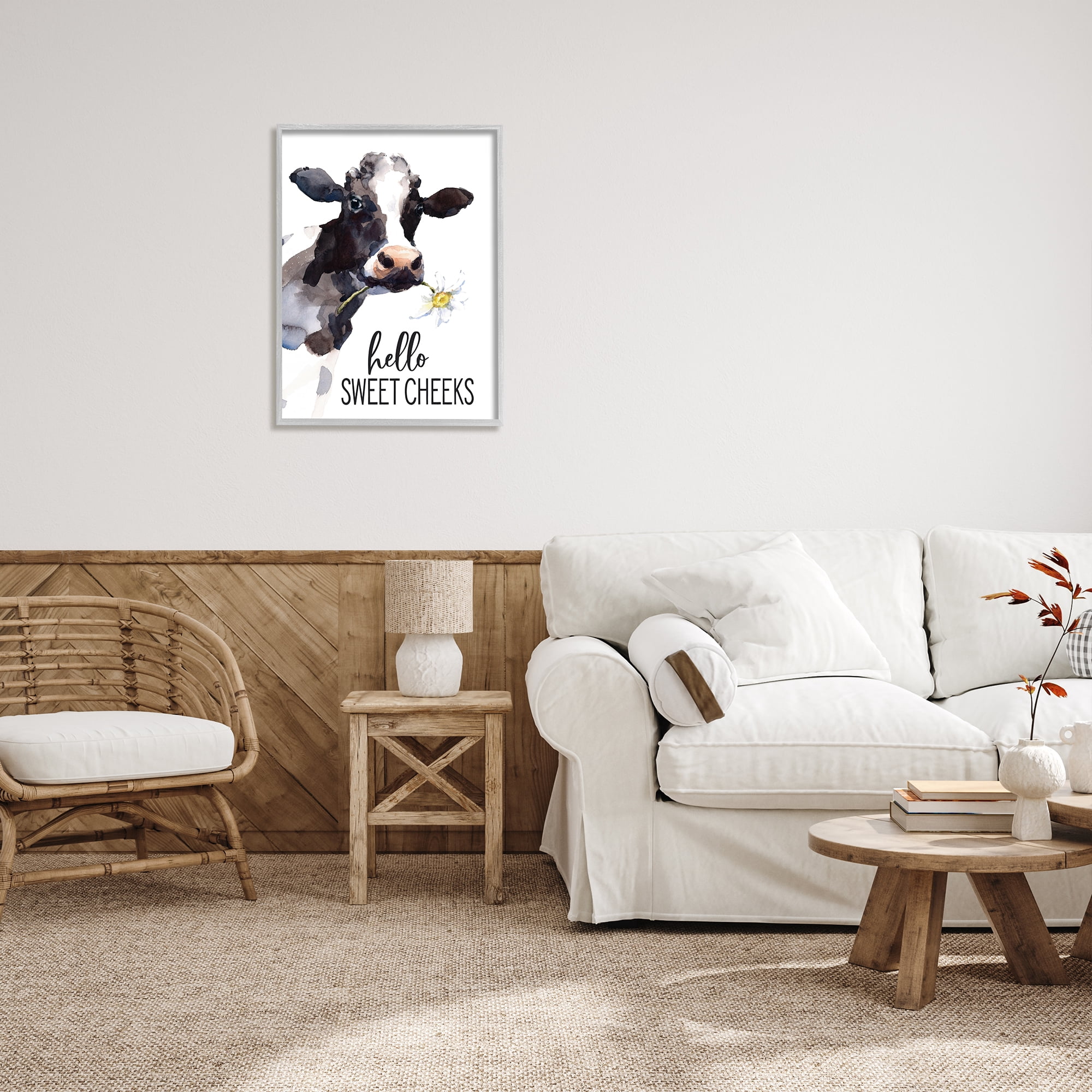 Stupell Industries Hello Sweet Cheeks Country Cow Cattle Holding Flower Graphic Art Gray Framed Art Print Wall Art, Design by Lettered and Lined