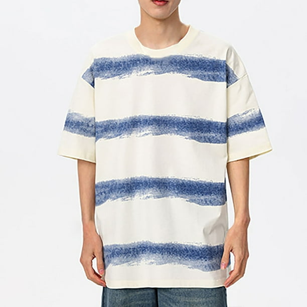 Blusas y camisas de manga corta y cuello redondo para hombre, blusas casuales de rayas de color liso con lazo y cuello redondo, de manga corta y concisas para hombre.