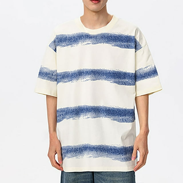 Blusas y camisas de manga corta y cuello redondo para hombre, blusas casuales de rayas de color liso con lazo y cuello redondo, de manga corta y concisas para hombre.