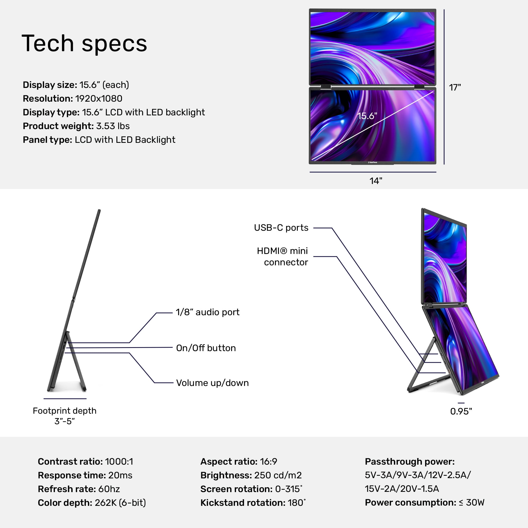 SideTrak Solo Book 15.6" Foldable Dual Screen Portable Monitor - FHD Portable Stacked Monitor, Portable Dual Monitor for Laptop, Display Extender with Stacked Dual Monitor for Mac, PC, & Chromebook