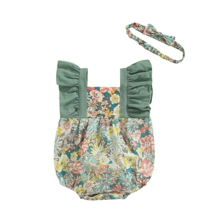 

aturustex Summer Newborn Infant Baby Girls Clothes Cute Princess Girls Ruffles Floral Print Rompers Jumpsuits Headband Cotton Sunsuits 0-24M