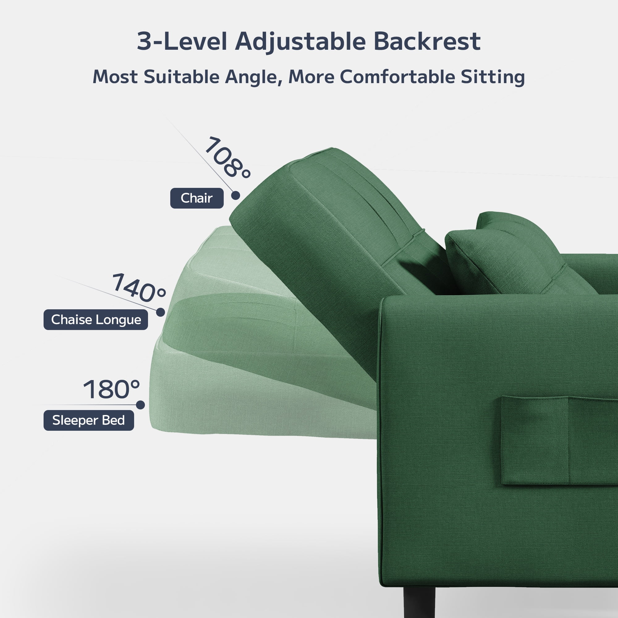 Asofer Sofa Bed Chair, 3 in 1 Convertible Futon Couch, Adjustable Backrest, for Living Room, Office, Green