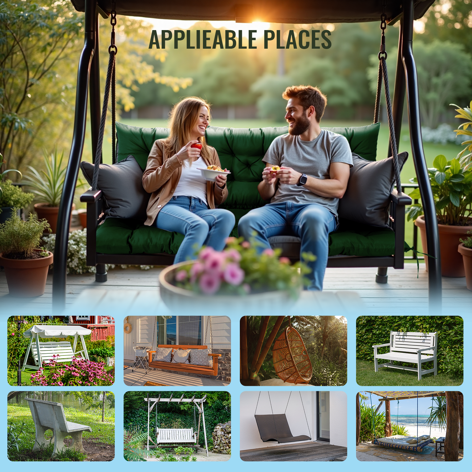 Outdoor Bench Cushion Inlife Swing Chair Cushion Waterproof Sun-Resistant with 8 Nonslip Ties, Dark Green 150cm*100cm