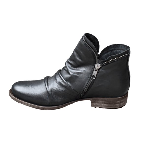 Penkiiy Women's Shoes Retro Solid Color Low Heel Zipper Fashion Short Leather 40 Black