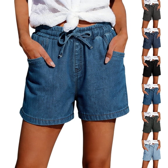 Women's Jean Shorts Drawstring Mid Waisted Denim Shorts with Pockets Casual Summer Jeans Trendy by Yigetop Black S