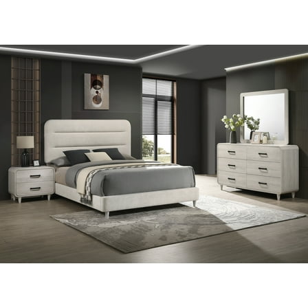 Contemporary 4pc Queen Size Upholstered Bed Wooden Bedroom Set White