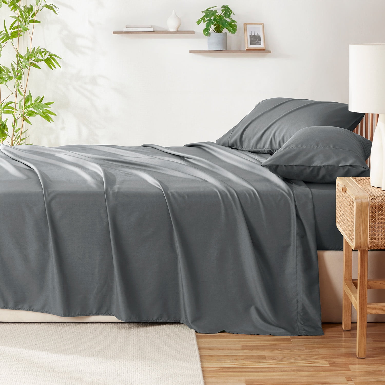 Virtu Bed Sheets Set, Deep Pocket Rayon Derived from Bamboo Blend Cooling 4 Piece Queen Sheets sets, Gray