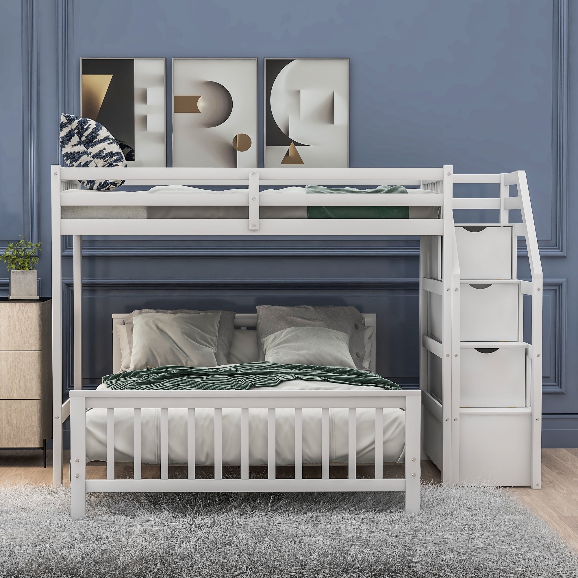 Euroco Modern Wood Twin over Full Bunk Bed, Loft Bed with Moveable Full Bed, Storage Staircase for Kids Teens Adults, White
