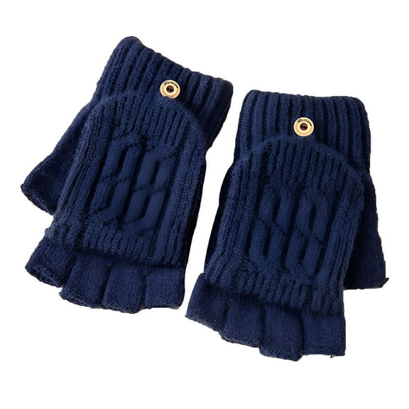 TELOLY Knitted Fingerless Flip Gloves Winter Warm Gloves for Men Women Unisex Finger Mittens Gloves, Navy blue