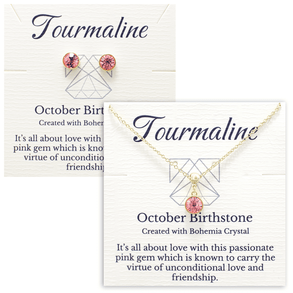 Gold October Birthstone Necklace and Stud Earrings Set with Bohemian Crystals, 14K Gold Plated, Birthday Month Gift, Great for Mom.