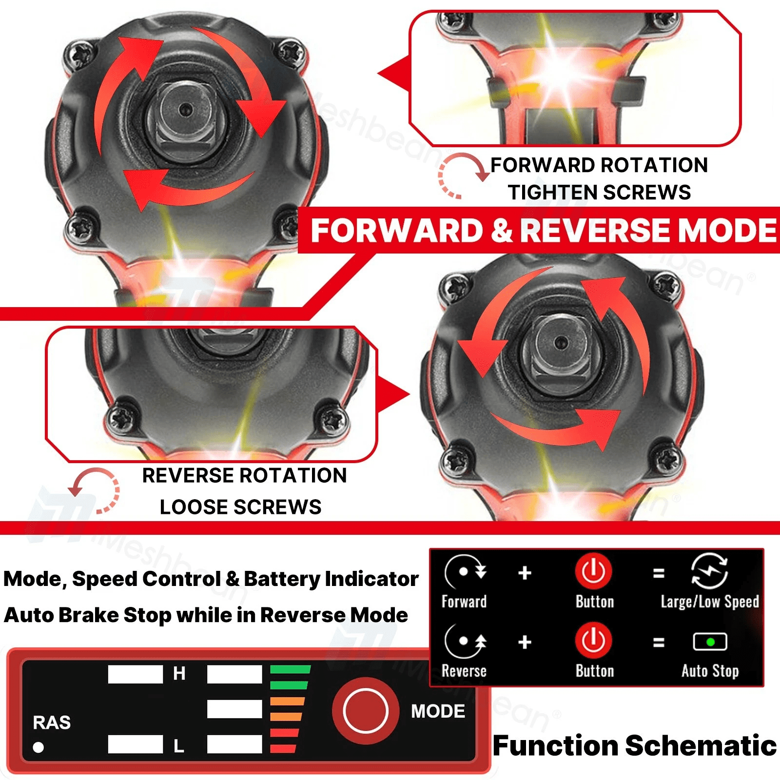 iMeshbean 600 N.m Cordless Electric Impact Wrench 1/2'' High Power Screwdriver Li-ion Battery
