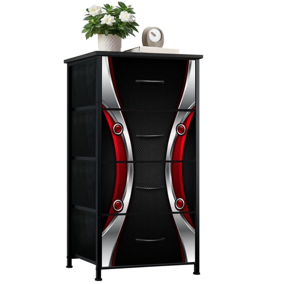 Dresser for Boys Bedroom with 4 Storage Drawers Futuristic Metallic Red Silver Abstract Textured Black Dressers Chest of Drawers Steel Framed Fabric Closet Organizers for Dorm Entryway Men Cave