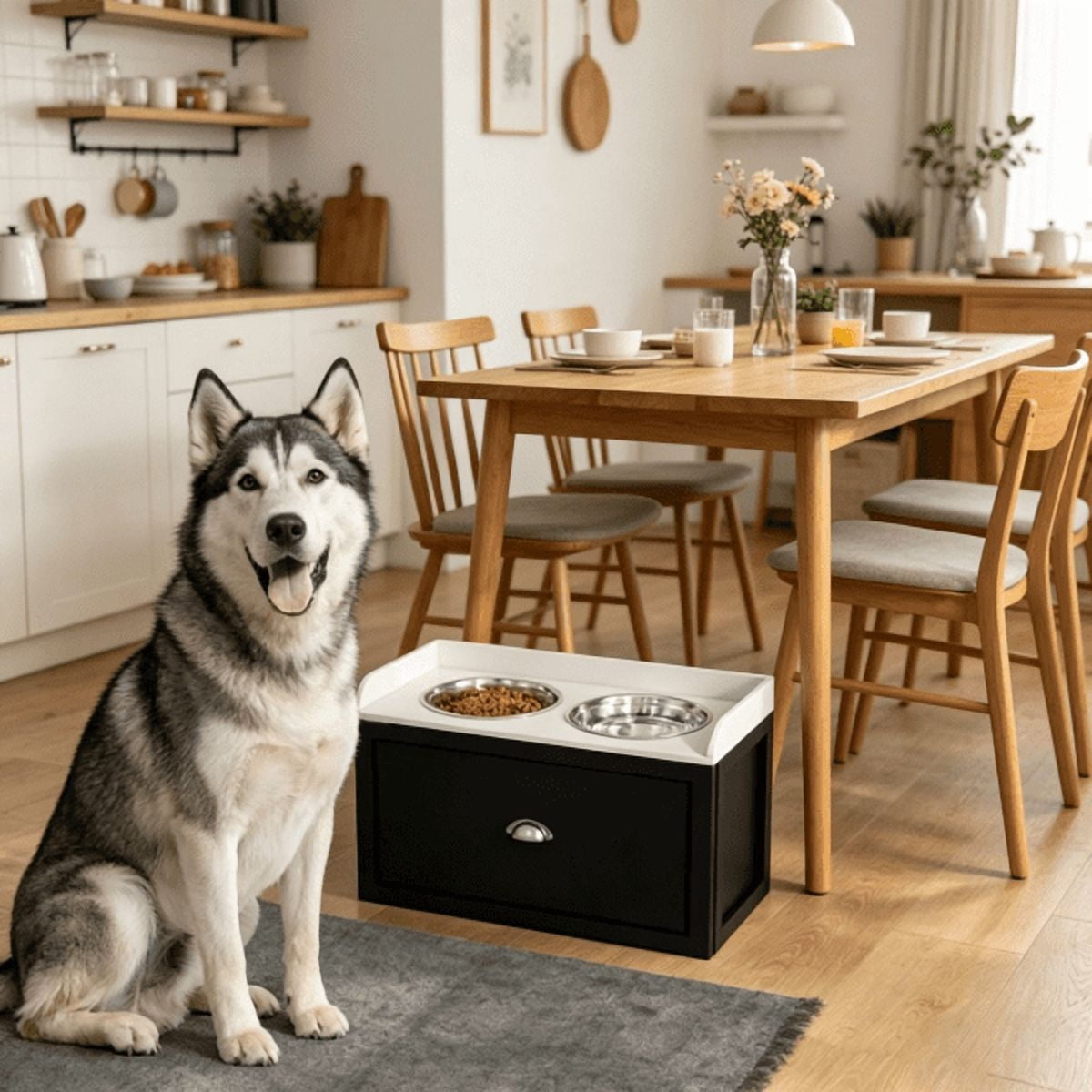 imerelez Elevated Dog Bowl Stand with Storage Drawer, 2 Removable Stainless Steel Bowls, for Large Dogs (Shoulder 19.75"-23.5"), Max Load 33 lbs, White/Black